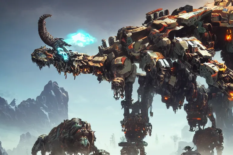 Image similar to tremortusk machine mecha animal beast robot of horizon forbidden west horizon zero dawn bioluminiscence global illumination ray tracing hdr fanart arstation by sung choi and eric pfeiffer and gabriel garza and casper konefal