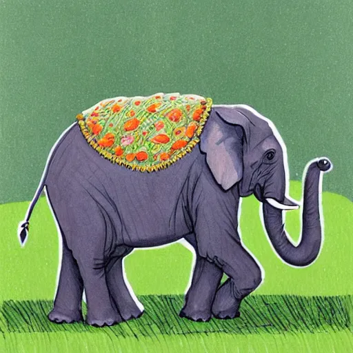 Prompt: an elephant on a green meadow drawn by Sam Bosma