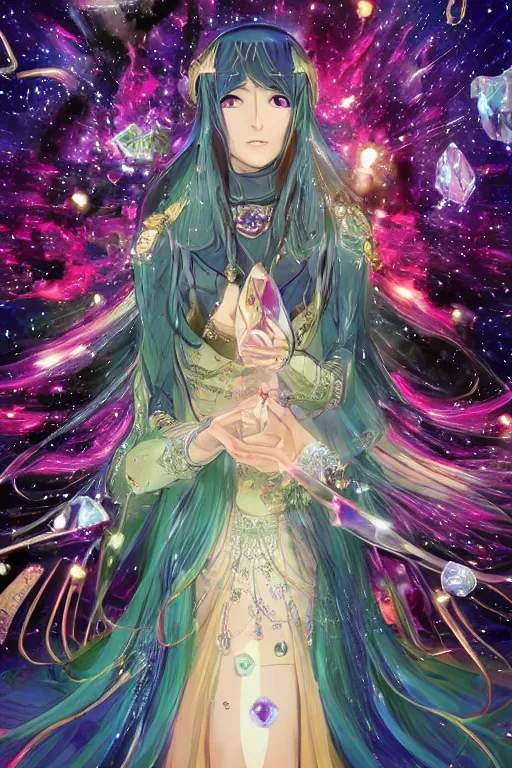 Image similar to acid trip, hall of mirrors, intricate, highly detailed, anime, 4k, a beautiful seductive lucina from fire emblem holding a crystal containing the universe, with professional makeup, long trippy hair, surrounded by gems, underneath the stars, trending on patreon, deviantart, twitter, artstation, volumetric lighting, heavy contrast, by artgerm and Ilya Kuvshinov and alphonse mucha