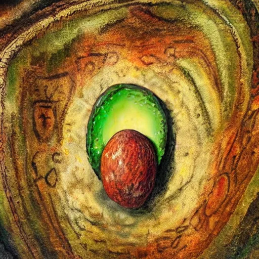 Prompt: realistic photo of a cave with stalactites and a painting petroglyph of an avocado inside a heart, parietal art style, inside a cavern, cave painting, sepia colors