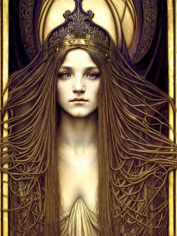 Image similar to detailed realistic beautiful young medieval queen face portrait by jean delville, gustave dore and marco mazzoni, art nouveau, symbolist, visionary, gothic, pre - raphaelite. horizontal symmetry