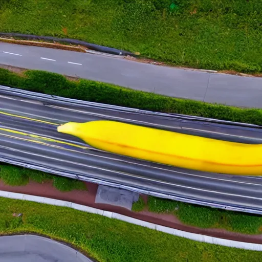 Prompt: banana-shaped car driving on busy highway, drone photograph