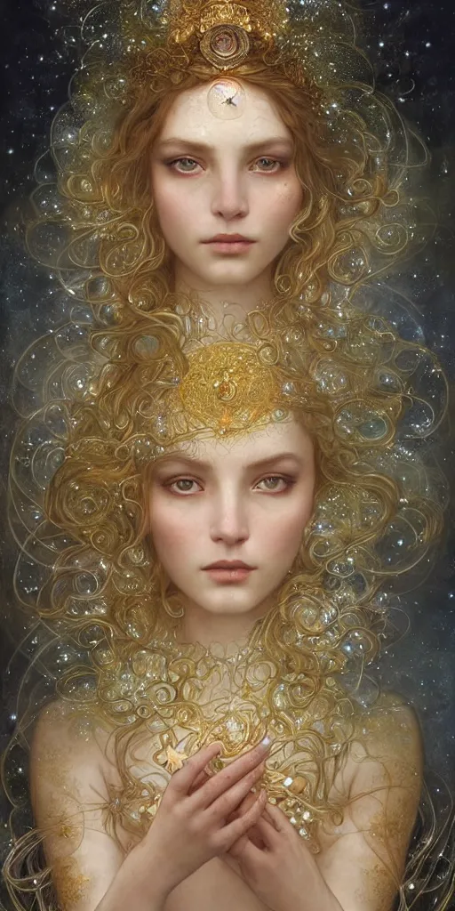 Image similar to Beautiful Delicate Detailed portrait of sun summer woman, With Magical golden eyes by Tom Bagshaw, Bastien Lecouffe Deharme, Erik Johansson, Amanda Sage, Alex Grey, Alphonse Mucha, Harry Clarke, Josephine Wall and Pino Daeni, Delicate winter frozen creature With long golden Hair and Magical Sparkling Eyes, Magic Particles; Magic Swirls, in a out of this world magical summer landscape, 4K; 64 megapixels; 8K resolution concept art; detailed painting; digital illustration; hyperrealism; trending on Artstation; Unreal Engine Photorealistic, lifelike, Unreal Engine, sharp, sharpness, detailed, 8K