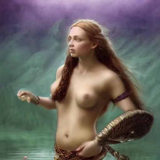 Image similar to epic portrait a female viking swimming in a steamy green lake full of flowers, beauty, pretty face, glossy skin, digital painting, artstation, concept art, soft light, hdri, smooth, sharp focus, illustration, fantasy, intricate, elegant, highly detailed, D&D, matte painting, in the style of Greg Rutkowski and Alphonse Mucha and artemisia, 8k, highly detailed, jurgens, rutkowski, bouguereau, pastoral, rustic, georgic