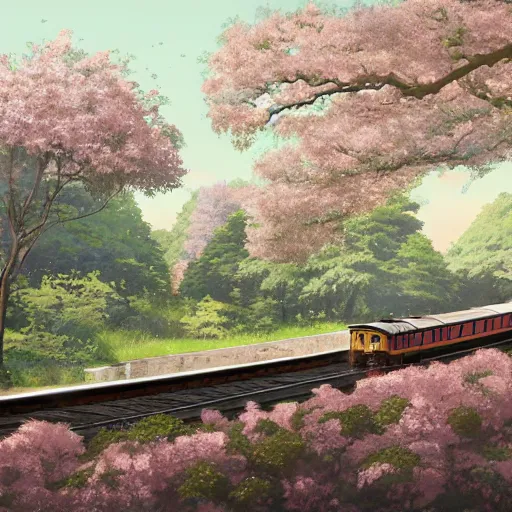 Image similar to concept art painting of a historic transverse view of a steam train, the train carries a cherry tree in flower, realistic, detailed, cel shaded, in the style of makoto shinkai and greg rutkowski and james gurney