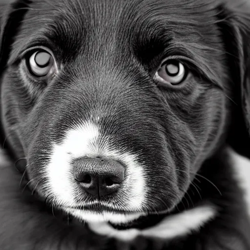 Prompt: a very cute puppy smiling. close-up. white ground. dark background. blach and white. single light source. 14mm lens. iso 100. diaphragm 1.4. shutter speed 1/350 W-1024