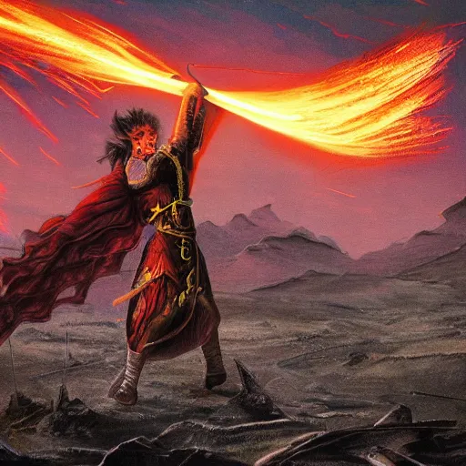 Prompt: Mythical Sword of Fire Flying through a Desolate Battlefield