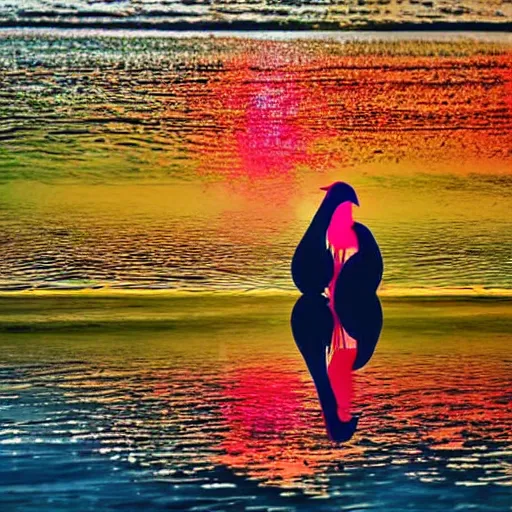 Image similar to lovebird sitting at shore, reflective, sunny day, fireworks, landscape photography, nature