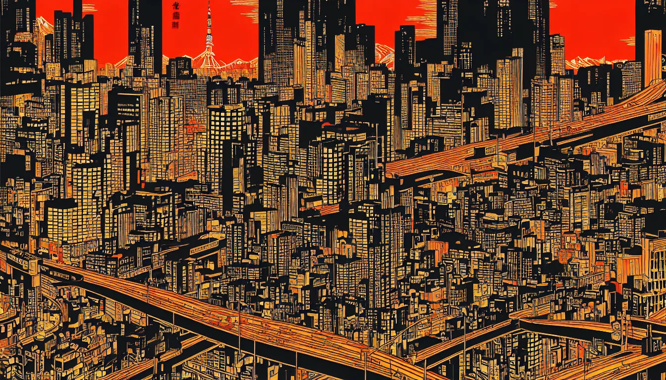 Image similar to tokyo by dan mumford and peter doig and edward hopper, symmetrical, minimal, black ink, thick lines highly detailed, muted colours, overlaid with chinese adverts, 8 k