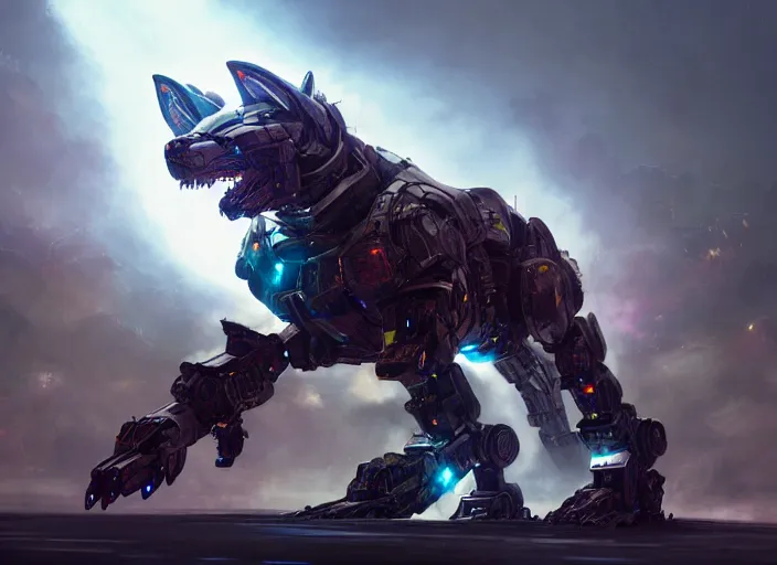 Image similar to hyper realistic, epic, highly detailed cinematic shot of a gigantic feral robot mecha canine, sharp dragon claws, detailed glowing head, metal ears, cannon mounted on back, sleek armor, glowing visor, destroying city, digital art, furry art, macro art, dragon art, furaffinity, deviantart, sofurry