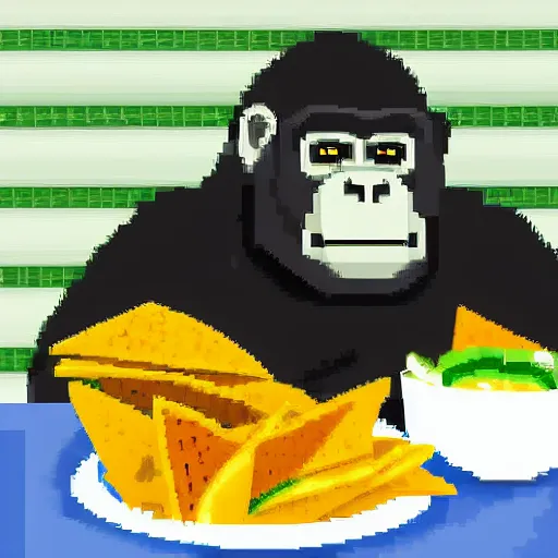 Prompt: A gorilla holding a plate of nachos and eating cucumbers in a football stadium, Pixel Art