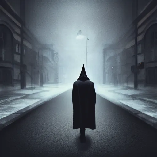 Prompt: photo realistic, painting of a wizard walking alone in the boulevard of broken dreams, painted black, hyper detail, in the style of beeple, rule of thirds