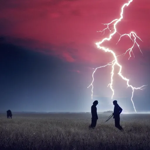 Image similar to cinematic still of silhouettes of two men fighting in ancient clothing, farm field background, red hues, lightning, directed by Russell Mulcahy