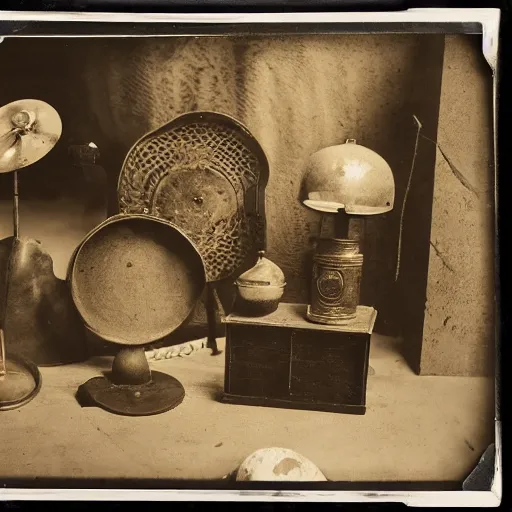 Prompt: Tintype photograph of objects displayed in an ethnographic museum, primitive display, anthropology of wonder, exotic meaning, in the style of Marcel Duchamp, found objects, ready-made, 1920s studio lighting.