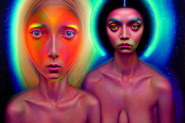 Image similar to patron saint of 🛸🌈👩🏾, futuristic iridescent clothing, wormhole, nebula, black hole, multiverse, neon god of city character portrait, in the style of margaret keane, moebius, tom bagshaw, and waterhouse, cinematic lighting, beautiful, elegant, oil painting,