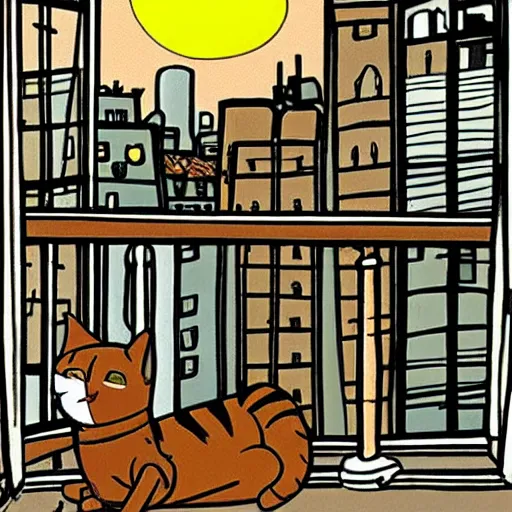 Prompt: a cat resting peacefully on a city balcony, old cartoon