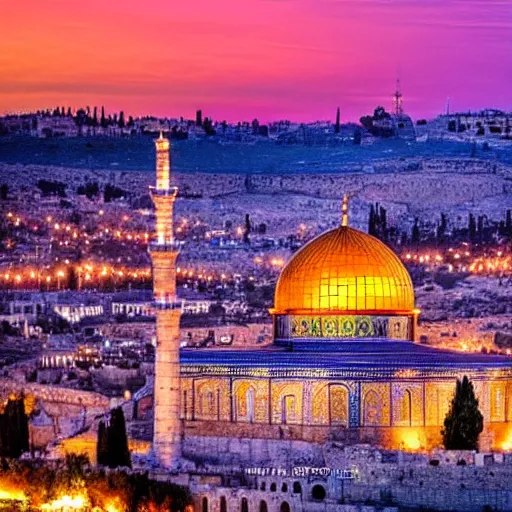 Image similar to a beautiful jerusalem city with lots of glowing crystals, sunset lighting,