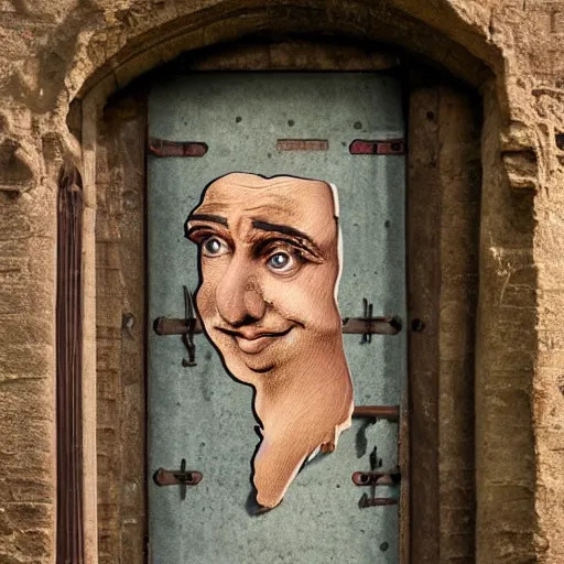 Image similar to Caricature, ajar dilapidated door with a human face dangles on hinges, medieval style, dramatic lighting