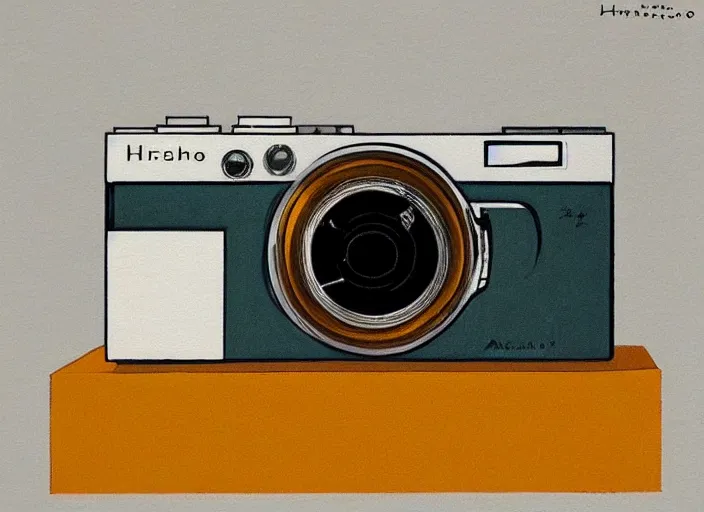 Image similar to painting by Hiroshi Yoshida of rangefinder camera designed by Dieter Rams, Naoto Fukasawa