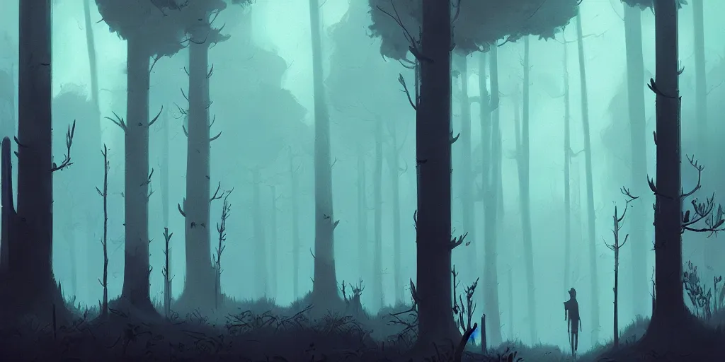 Prompt: forest by night, by ghibli and atey ghailan, a neon graveyard, mist, fog
