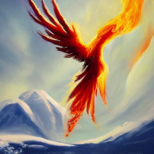 Prompt: A Flaming Phoenix Flying Above A Snowy Mountain, Snowing, In The Style Of An oil Painting, trending on artstation