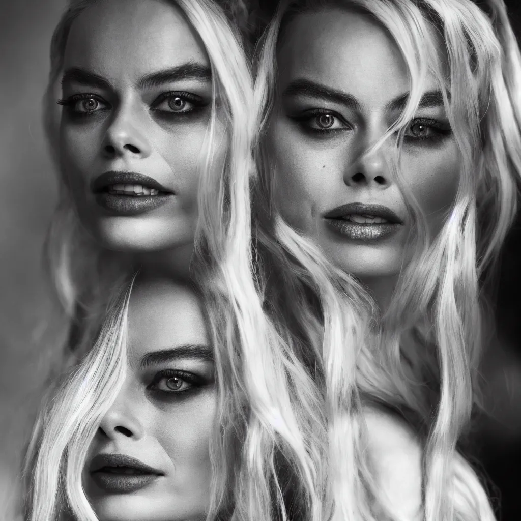 Image similar to a beautiful medium - shot of margot robbie as harley quinn looking for into the distance, beautiful backlight, focus on her face, bokeh, by terry richardson