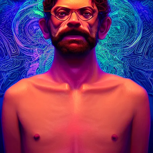 Image similar to terence McKenna posing seductively with psychedelic mushrooms, psychedelic, fractal, Claymorphism, cinematic lighting, dramatic, octane render, full body, trending on artstation, perfect facial symmetry, bokeh, 8k, intricate, hyper detailed