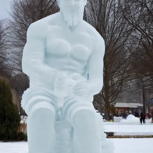 Prompt: ice sculpture of acient greek statue, outdoors, snowy, realism