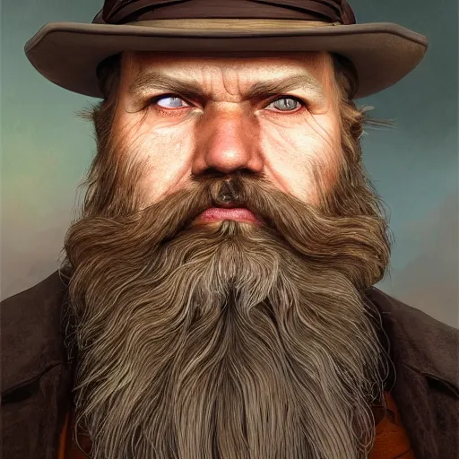 Image similar to centered detailed portrait of an old smuggler with a huge beard::art by James Christensen and Artgerm and Sophie Anderson::realistic character concept, identical eyes, gazing eyes, beautiful eyes, medium shot, elegant pose, science fiction, illustration, slender symmetrical face and body, artstation, cinematic lighting, hyperdetailed, cgsociety, 8K, 4K, high resolution, single face, insanely detailed and intricate, beautiful, elegant, golden ratio, vfx::post apocalyptic, Fallout style, destroyed city on background