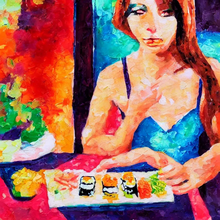 Image similar to portrait of beautiful woman eating sushi painted with colorful gouache impasto