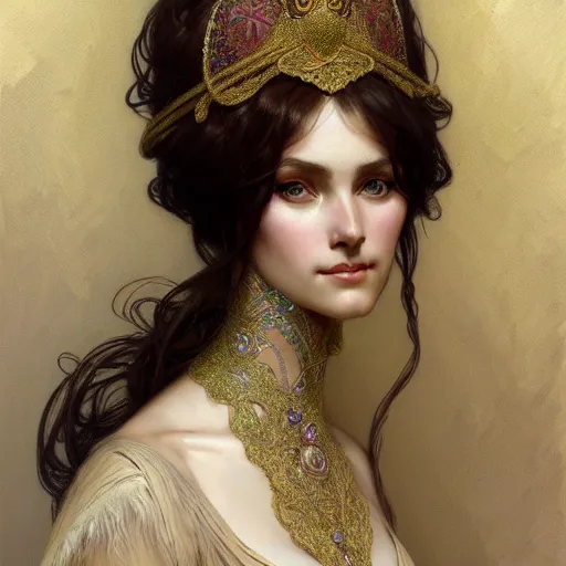 Image similar to character portrait of a modest woman, tall, feminine, powerful, modestly clothed, voluminous, intricate, elegant, highly detailed, digital painting, artstation, smooth, symmetrical, sharp focus, illustration, art by gaston bussiere and alphone mucha