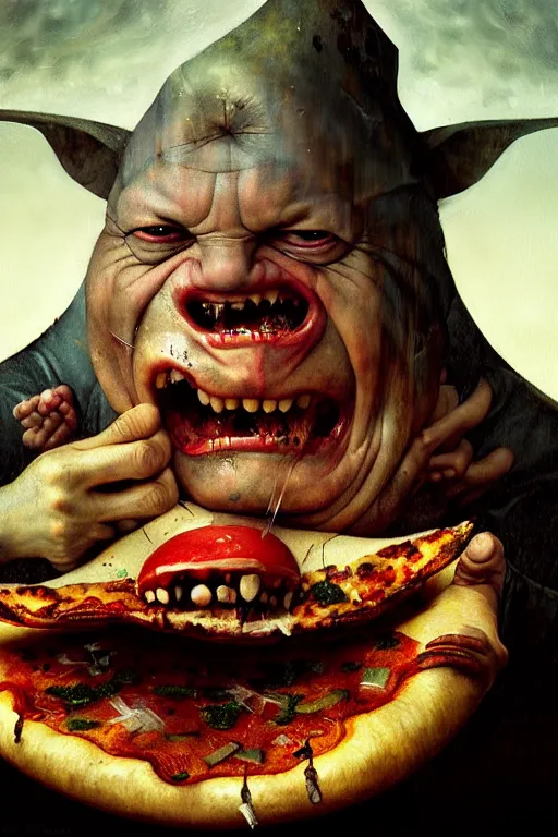 Image similar to hieronymus bosch, greg rutkowski, anna podedworna, painting of the noid, extreme close up, insane face, screaming and crying eating pizza