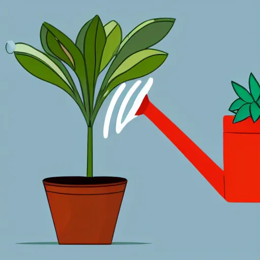 Prompt: a woman holding a watering can on top of a light blue flower that is on top of a plant pot, is dripping three drops of water from the watering can, flat design, flat colors, illustration