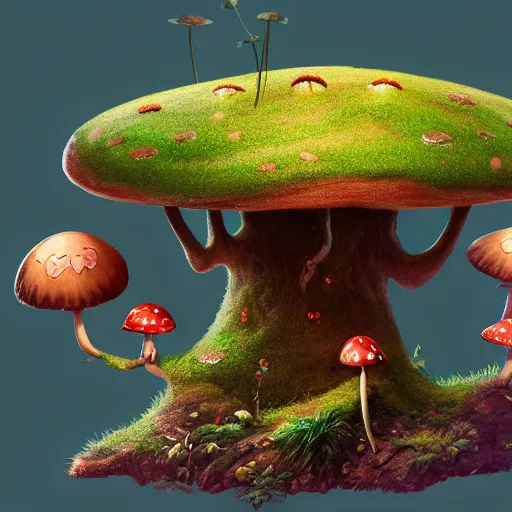 Prompt: Intricate detailed illustration, A happy humanoid mushroom frolicking in a lush rainforest, 🍄 , cinematic lighting, by Philip Hood, wide angle, volumetric light scattering, 8k, artstation, concept art,