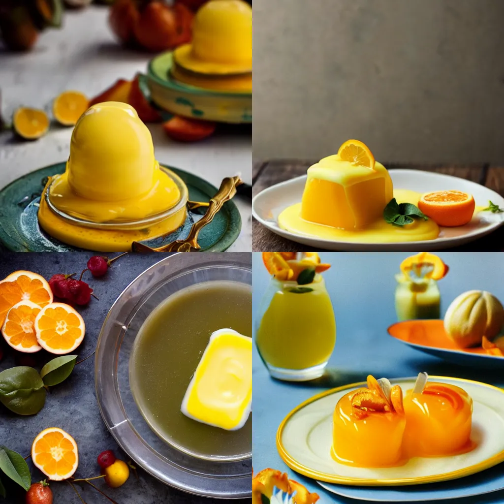 Prompt: all your hopes, fears, and ambitions enrobed in citrus-flavored gelatin topped with hollandaise, 1940s food photography