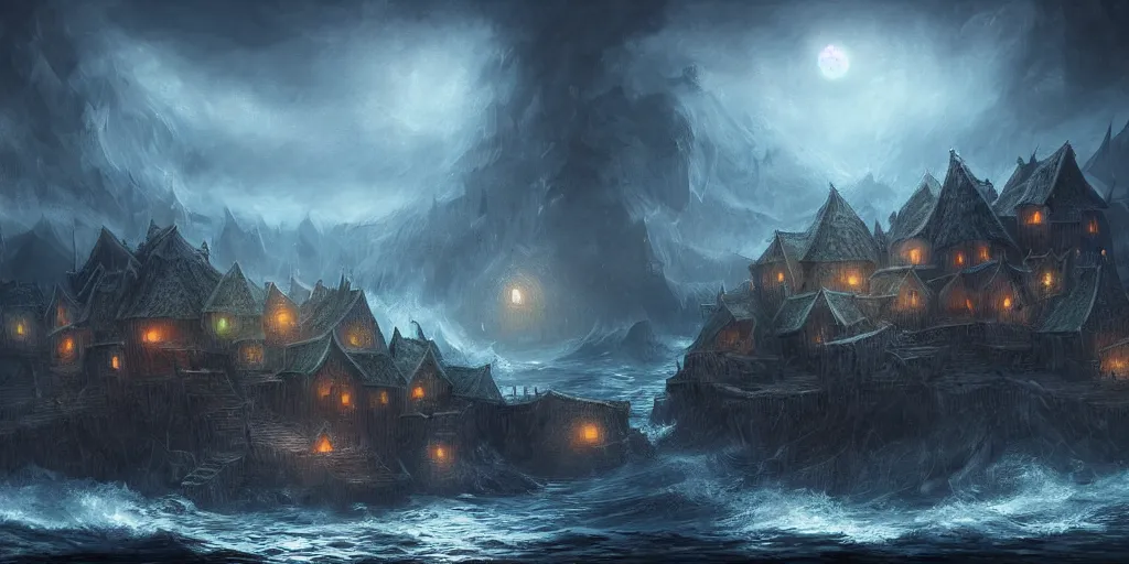 Image similar to village on top of the ocean, high fantasy, dark environment, elegant, highly detailed, digital painting