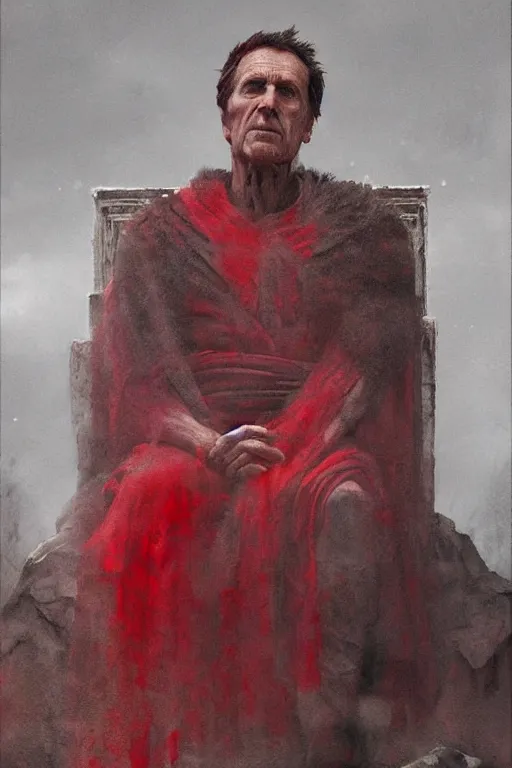 Prompt: the end is near. a tired julius caesar is sitting on his throne. face is highly detailed. splices of red are running down his toga. mist. color scheme red. low angle medium shot. imagined by jeremy lipking and greg rutkowski