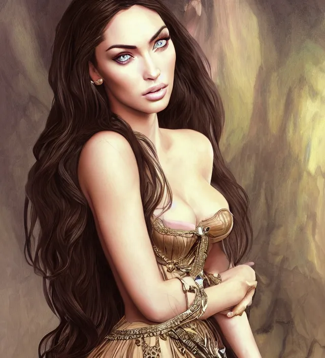 Prompt: portrait of of young beautiful female princess, mix of megan fox and kim kardashian, d & d, baroque dress, elegant, flat lighting, intricate, highly detailed, digital painting, artstation, concept art, smooth, sharp focus, illustration, closeup, misa amane, art by simon bisley and greg rutkowski and alphonse mucha, natural tpose