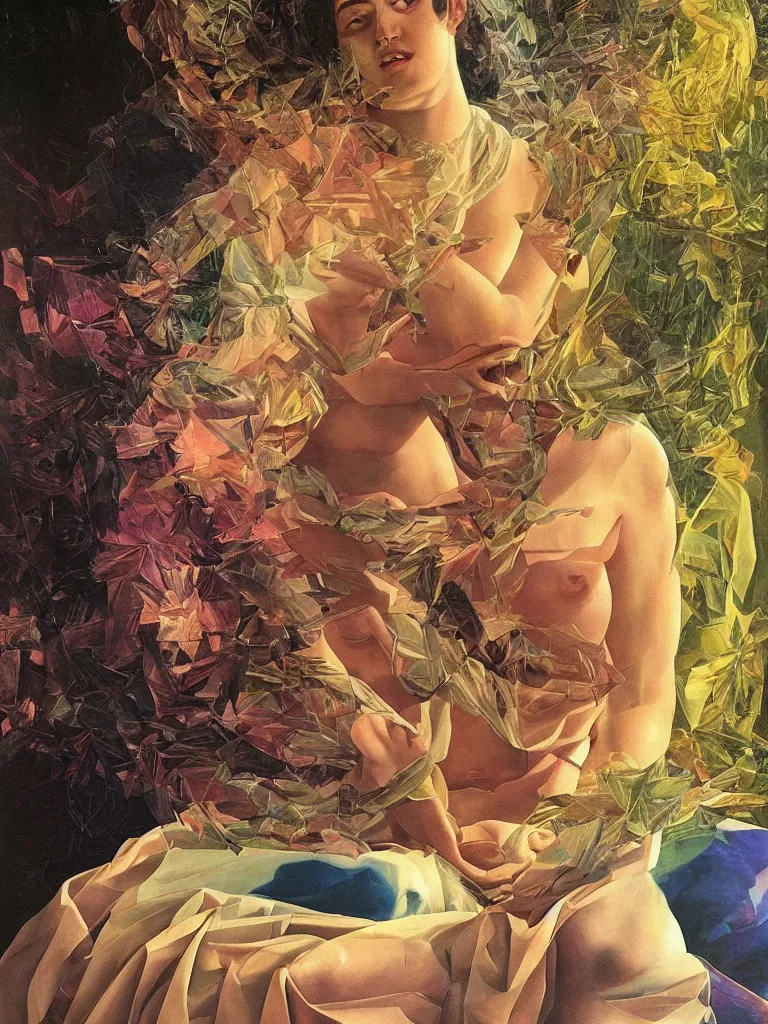 Prompt: hyperrealistic still life painting of an irridescent goddess, dmt entity, healer, powerful calm woman, draped in fabric meditating and gently smiling, refracting gentle morning light, a dream, an echo, crystalline spheres surrounded by prisms in a tesseract, by Caravaggio, botanical print, surrealism, vivid colors, serene, golden ratio,