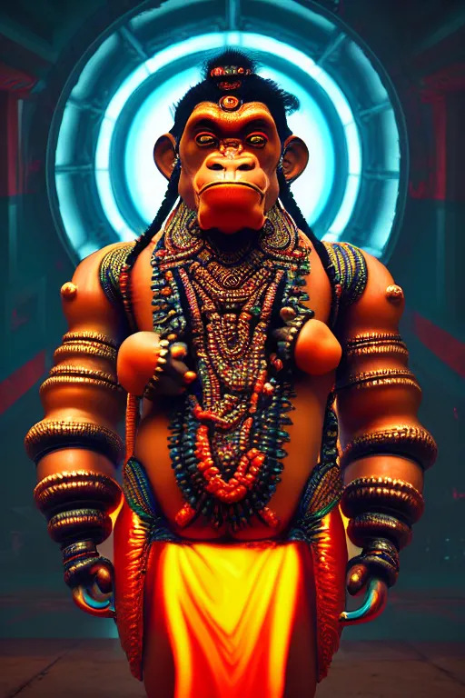 Image similar to high quality 3 d render post - rococo cyberpunk hanuman! head building, neon madhubani, open mouth, highly detailed, in sci - fi mumbai, cinematic smooth unreal engine, lee madgwick & liam wong, dramatic light, low angle, uhd 8 k, sharp focus