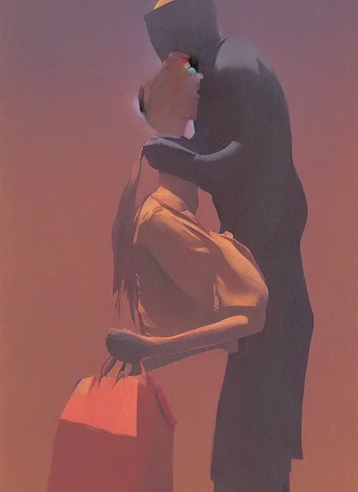 Image similar to kissing women paper bag over the head and a sward Edward Hopper and James Gilleard, Zdzislaw Beksinski, highly detailed