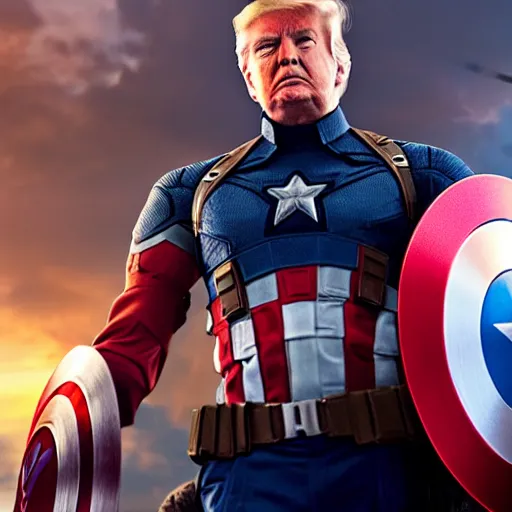 Image similar to Donald Trump as Captain America, epic, movie still, photorealistic, cinematic, 8k,