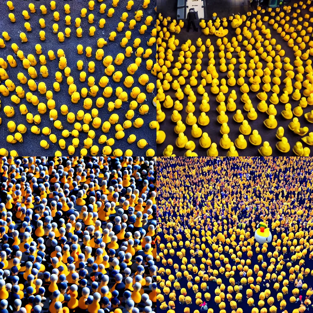 Prompt: A photo of a large rubber duck giving a rousing speech to an army of smaller rubber ducks, shot from above