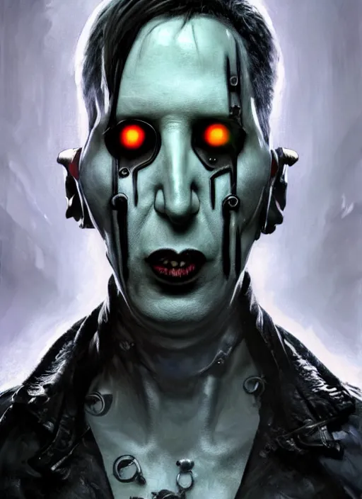 Image similar to marilyn manson as victor stone, full body concept, cyborg, borg, strogg, face of a man, terminator, flesh, quake strogg, doom demon, wolfenstein, monstrous, powerful, symmetry, symmetrical, concept art by ruan jia and greg rutkowski