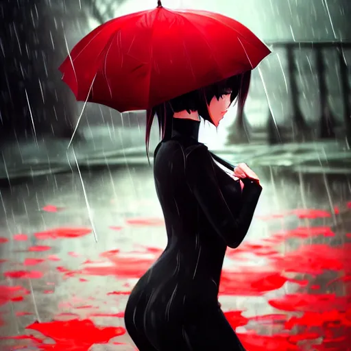 Prompt: beautiful seductive female dullahan, in the rain, highly detailed, painting, dark red and black color palette, intricate, high quality anime artstyle, in the style of ilya kuvshinov