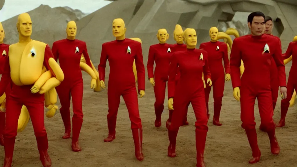 Prompt: giant monsters made of bananas, killing crew wearing red on star trek, film still from the movie directed by Denis Villeneuve with art direction by Salvador Dalí, wide lens