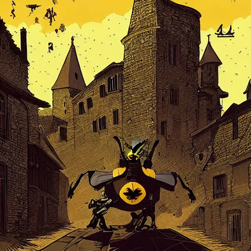 Prompt: bumblebee standing in a medieval town by kilian eng