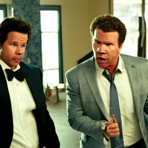 Image similar to scene from a movie that looks like a drama but it's a laugh hard comedy, mark wahlberg and will ferrell being a chaotic duo, shot by darren aronofsky, 4 k