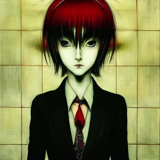 Image similar to yoshitaka amano blurred and dreamy realistic three quarter angle horror portrait of a sinister young woman with short hair, horns and red eyes wearing office suit with tie, junji ito abstract patterns in the background, satoshi kon anime, noisy film grain effect, highly detailed, renaissance oil painting, weird portrait angle, blurred lost edges