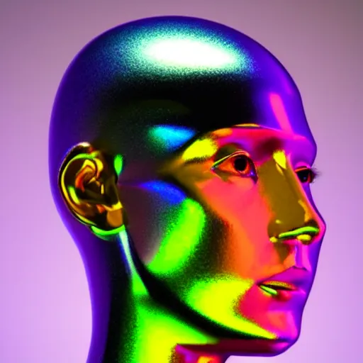 Image similar to 3d render of holographic human robotic head made of glossy iridescent, surrealistic 3d illustration of a human face non-binary, non binary model, 3d model human, cryengine, made of holographic texture, holographic material, holographic rainbow, concept of cyborg and artificial intelligence